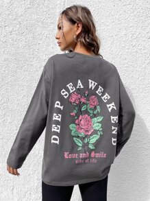SHEIN EZwear Floral & Slogan Graphic Drop Shoulder Tee - Grey - View 2