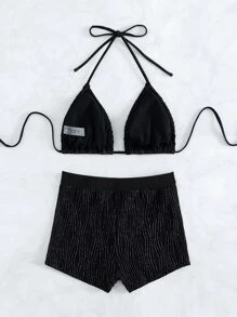闪光比基尼套装吊带三角胸罩和高腰平角短裤 2 件比基尼夏季海滩 - 黑色 - 查看 2