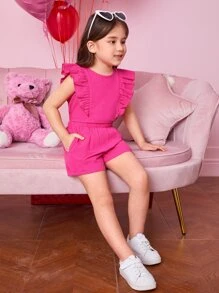 SHEIN Leap Crew Young Girl Leisure Vacation Round Neck Ruffle Sleeve Shirt And Loose Straight Leg Shorts 2-Piece Set - Hot Pink - View 3