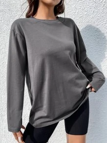 SHEIN EZwear Floral & Slogan Graphic Drop Shoulder Tee - Grey - View 3