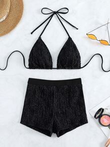 闪光比基尼套装吊带三角胸罩和高腰平角短裤 2 件比基尼夏季海滩 - 黑色 - 查看 3