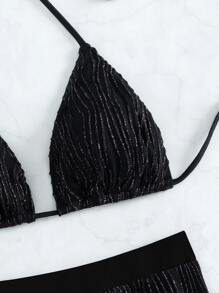闪光比基尼套装吊带三角胸罩和高腰平角短裤 2 件比基尼夏季海滩 - 黑色 - 查看 4
