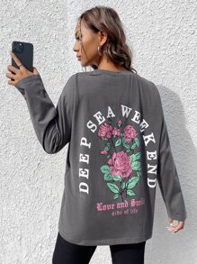 SHEIN EZwear Floral & Slogan Graphic Drop Shoulder Tee - Grey - View 4