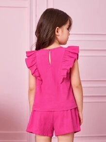 SHEIN Leap Crew Young Girl Leisure Vacation Round Neck Ruffle Sleeve Shirt And Loose Straight Leg Shorts 2-Piece Set - Hot Pink - View 2