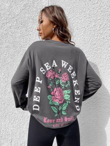 SHEIN EZwear Floral & Slogan Graphic Drop Shoulder Tee - Grey - View 5