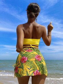 Tropical Print Drawstring Bandeau Summer Beach Bikini Set With Beach Skirt - Multicolor - View 2
