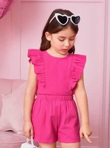 SHEIN Leap Crew Young Girl Leisure Vacation Round Neck Ruffle Sleeve Shirt And Loose Straight Leg Shorts 2-Piece Set - Hot Pink - View 4