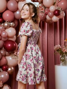 SHEIN Đầm Gái Viên lá sen Trọn gói Dải chun Hoa Tất cả trên in Boho - Nhiều màu - Xem 3