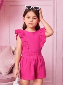 SHEIN Leap Crew Young Girl Leisure Vacation Round Neck Ruffle Sleeve Shirt And Loose Straight Leg Shorts 2-Piece Set - Hot Pink - View 1