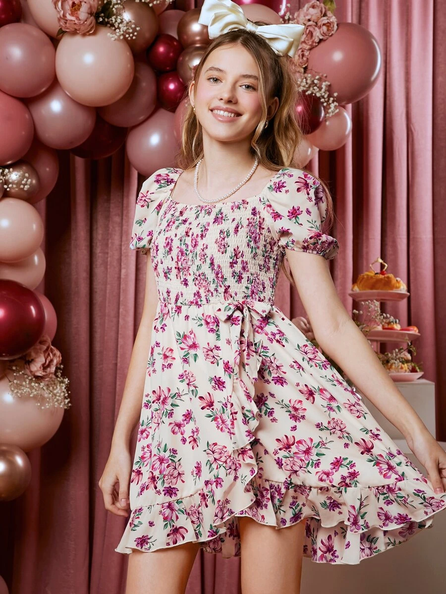 SHEIN Đầm Gái Viên lá sen Trọn gói Dải chun Hoa Tất cả trên in Boho - Nhiều màu - Xem 1