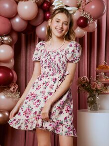 SHEIN Đầm Gái Viên lá sen Trọn gói Dải chun Hoa Tất cả trên in Boho - Nhiều màu - Xem 5