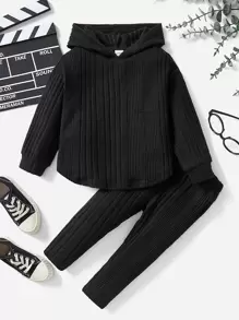 SHEIN Baby Girl Ribbed Knit Hooded Sweatshirt & Leggings - Black - View 5