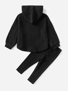 SHEIN Baby Girl Ribbed Knit Hooded Sweatshirt & Leggings - Black - View 2