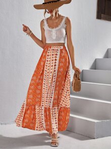 SHEIN VCAY Falda con estampado floral con paisley bajo con fruncido - Multicolor - Ver 3