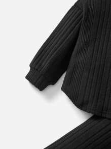 SHEIN Baby Girl Ribbed Knit Hooded Sweatshirt & Leggings - Black - View 4