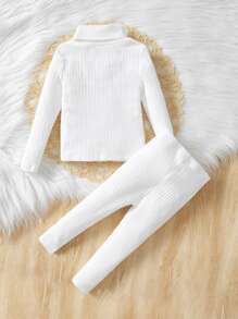 Baby Girl Turtleneck Ribbed Knit Tee & Leggings - White - View 2