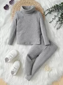 Baby Girl Turtleneck Ribbed Knit Tee & Leggings - Grey - View 1