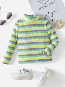 SHEIN Baby Rainbow Striped Lettuce Trim Mock Neck Tee - Multicolor - View 1