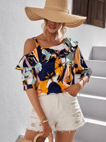 SHEIN VCAY Floral Print Asymmetrical Neck Blouse - Multicolor - View 1