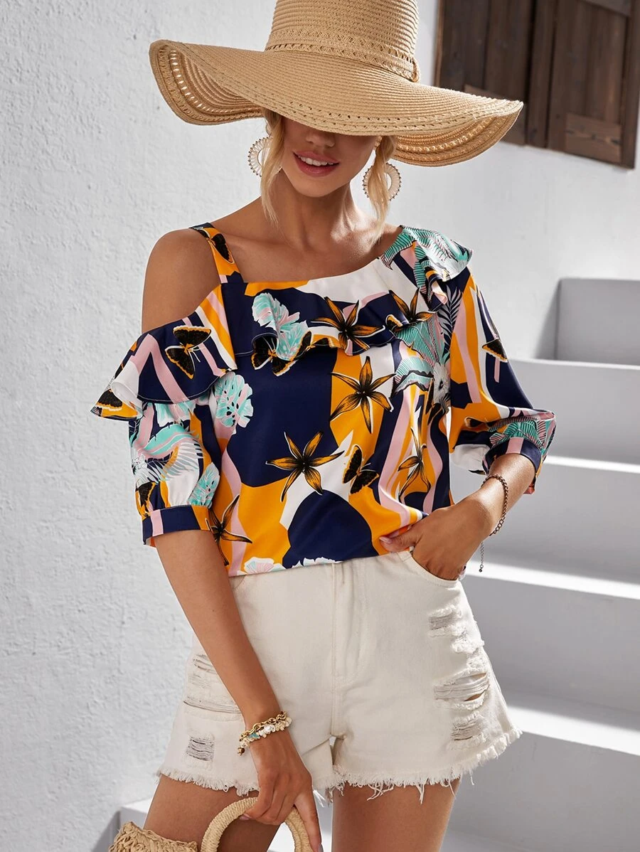 SHEIN VCAY Floral Print Asymmetrical Neck Blouse - Multicolor - View 1