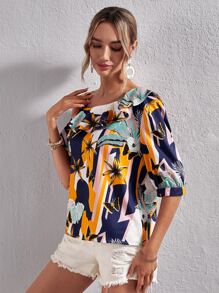 SHEIN VCAY Floral Print Asymmetrical Neck Blouse - Multicolor - View 4