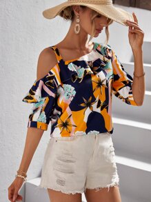 SHEIN VCAY Floral Print Asymmetrical Neck Blouse - Multicolor - View 2