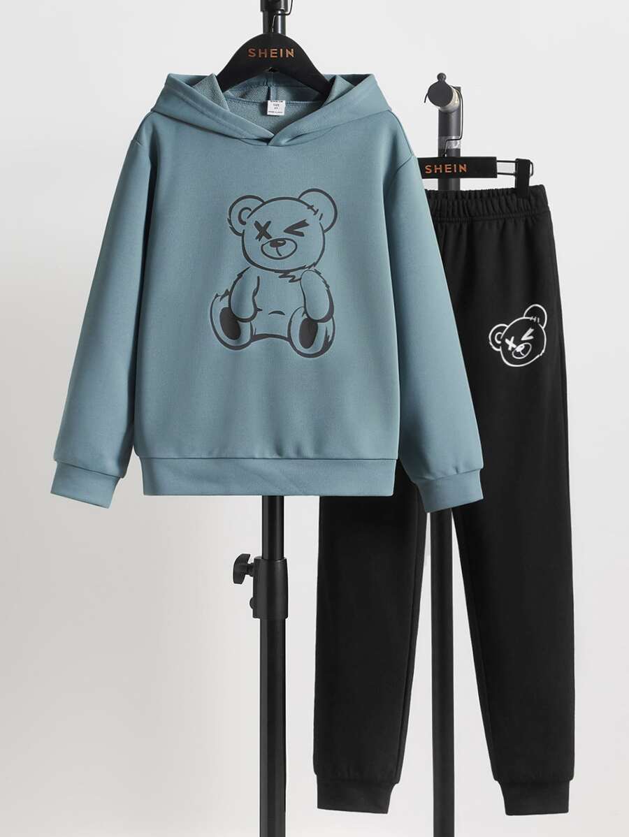 SHEIN Boys Bear Print Drop Shoulder Hoodie & Joggers - Multicolor - View 1