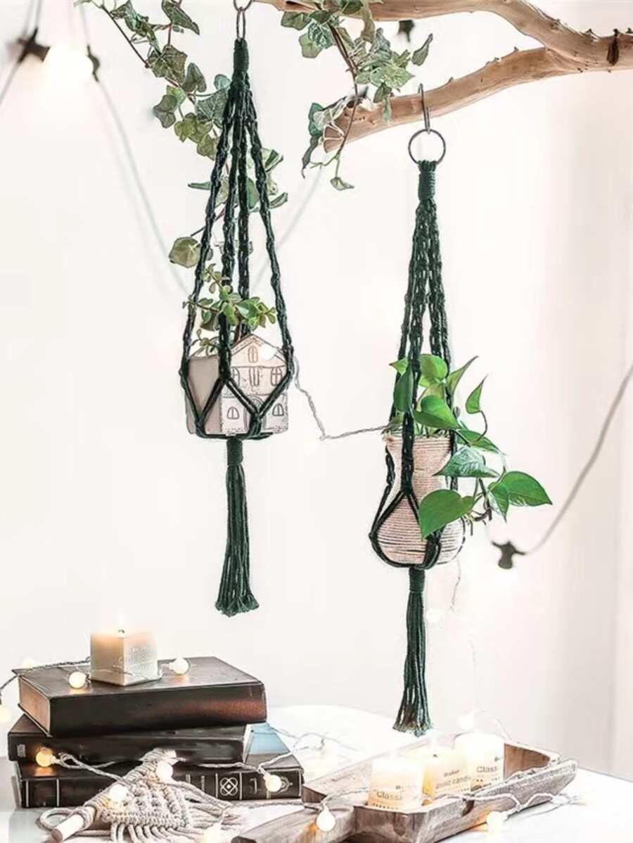 1pc Macrame Plant Hanger - Dark Green - View 1