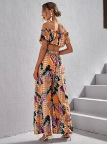 SHEIN VCAY 熱帶圖案一字肩短款上衣和闊腿褲 - 彩色 - 查看 3