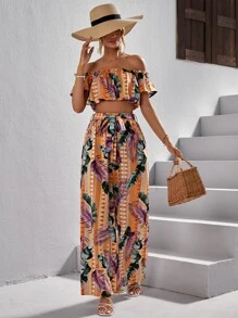 SHEIN VCAY 熱帶圖案一字肩短款上衣和闊腿褲 - 彩色 - 查看 5