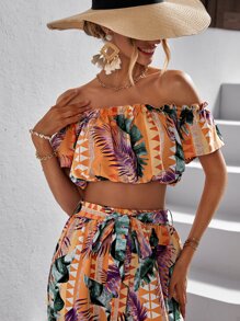 SHEIN VCAY 熱帶圖案一字肩短款上衣和闊腿褲 - 彩色 - 查看 6