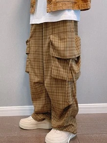 STEELVANCE 男士宽松格子印花裤，带翻盖口袋，长款卡其色宽松工装裤，适合送给丈夫、男朋友的礼物，秋季