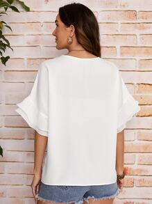 SHEIN LUNE 素色荷葉袖襯衫 - 白色 - 查看 3