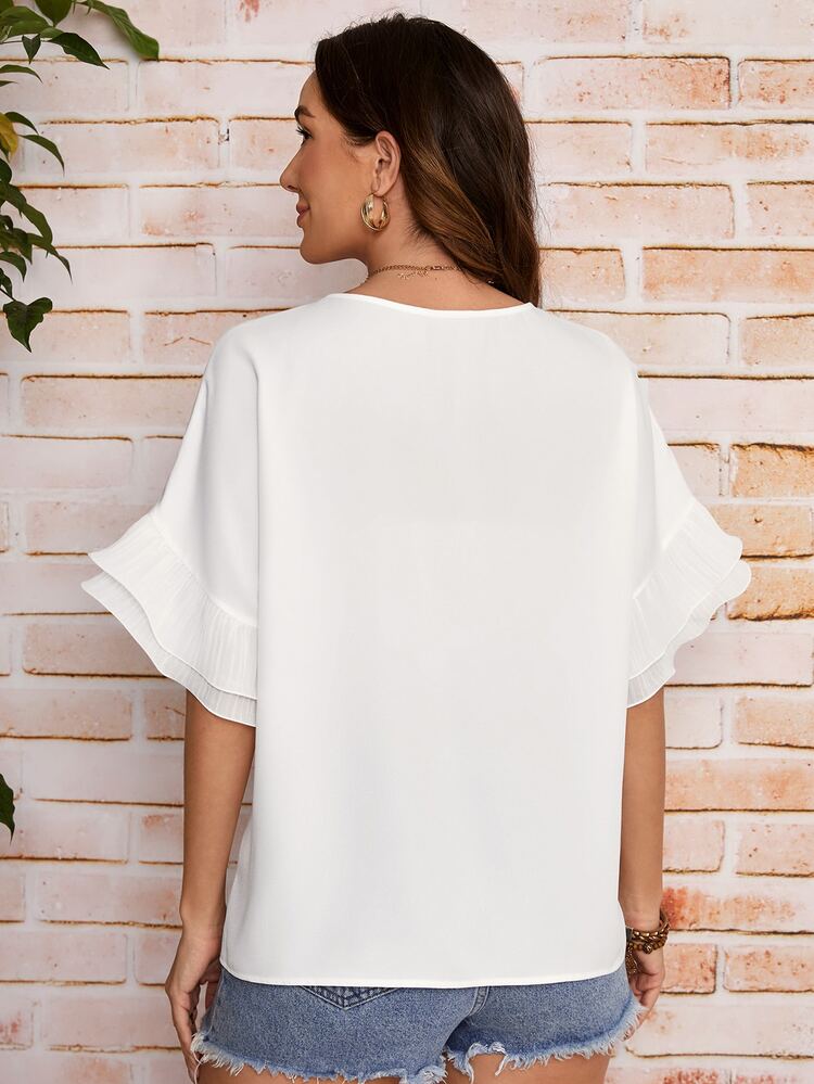 SHEIN LUNE 素色荷葉袖襯衫 - 白色 - 查看 2