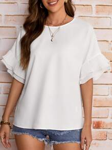 SHEIN LUNE 素色荷葉袖襯衫 - 白色 - 查看 5