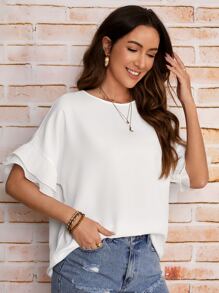 SHEIN LUNE 素色荷葉袖襯衫 - 白色 - 查看 6