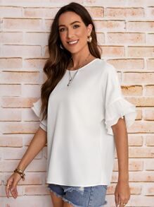 SHEIN LUNE 素色荷葉袖襯衫 - 白色 - 查看 7