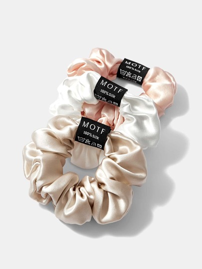 MOTF PREMIUM Juego de 3 scrunchies de 16mm 100% seda en color liso, lazos de pelo casual