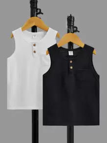 SHEIN Toddler Boys 2pcs Half Button Patched Pocket Tank Top - Black and White - View 1