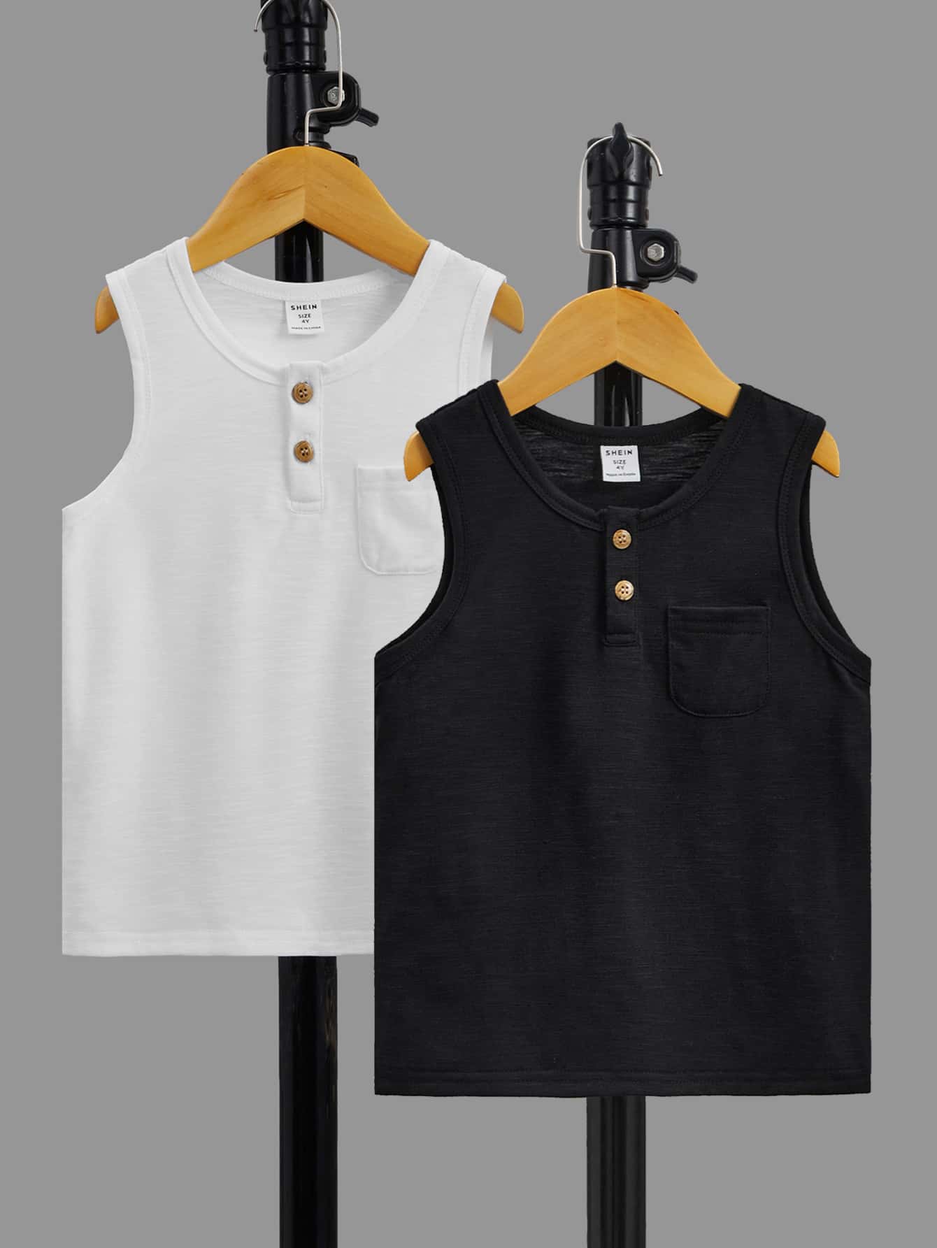 SHEIN Toddler Boys 2pcs Half Button Patched Pocket Tank Top - Black and White - View 1