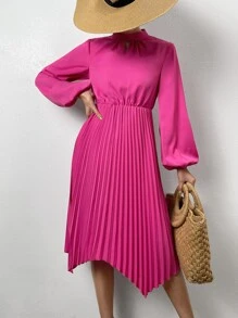 SHEIN Privé Key Hole Neck Lantern Sleeve Pleated Hem Dress - Hot Pink - View 1