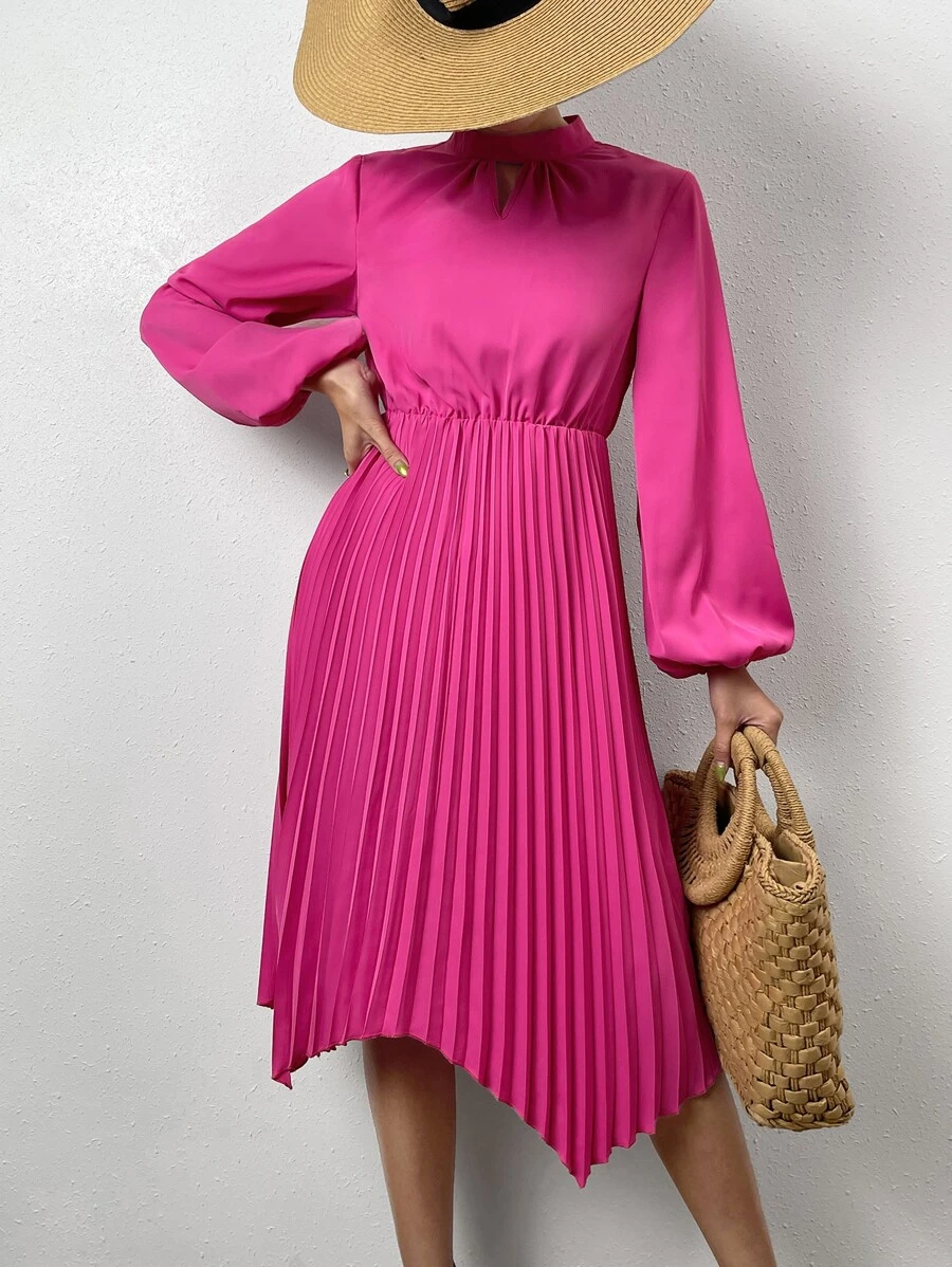 SHEIN Privé Key Hole Neck Lantern Sleeve Pleated Hem Dress - Hot Pink - View 1