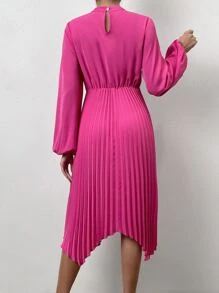 SHEIN Privé Key Hole Neck Lantern Sleeve Pleated Hem Dress - Hot Pink - View 2
