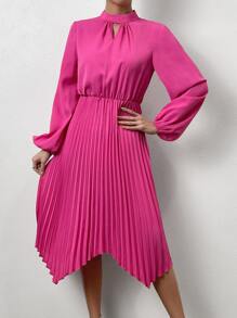 SHEIN Privé Key Hole Neck Lantern Sleeve Pleated Hem Dress - Hot Pink - View 3