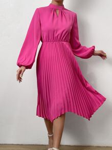 SHEIN Privé Key Hole Neck Lantern Sleeve Pleated Hem Dress - Hot Pink - View 4