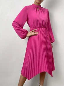 SHEIN Privé Key Hole Neck Lantern Sleeve Pleated Hem Dress - Hot Pink - View 5