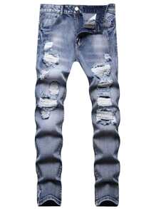 Hombres Jeans ajustados desgarro algodón - Azul lavado medio - Ver 1