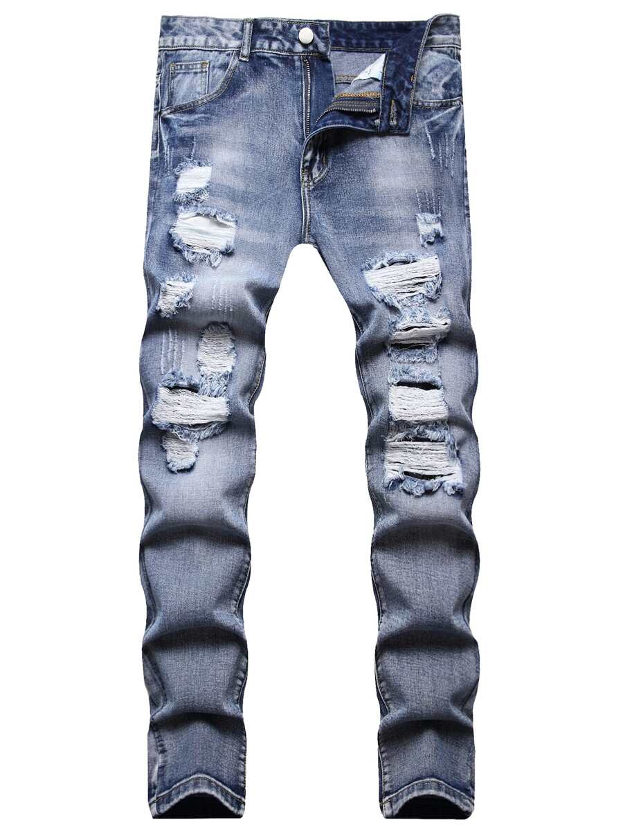 Hombres Jeans ajustados desgarro algodón - Azul lavado medio - Ver 1