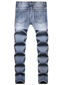 Hombres Jeans ajustados desgarro algodón - Azul lavado medio - Ver 2