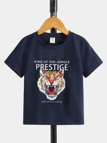 SHEIN Toddler Boys Tiger & Slogan Graphic Tee - Navy Blue - View 1